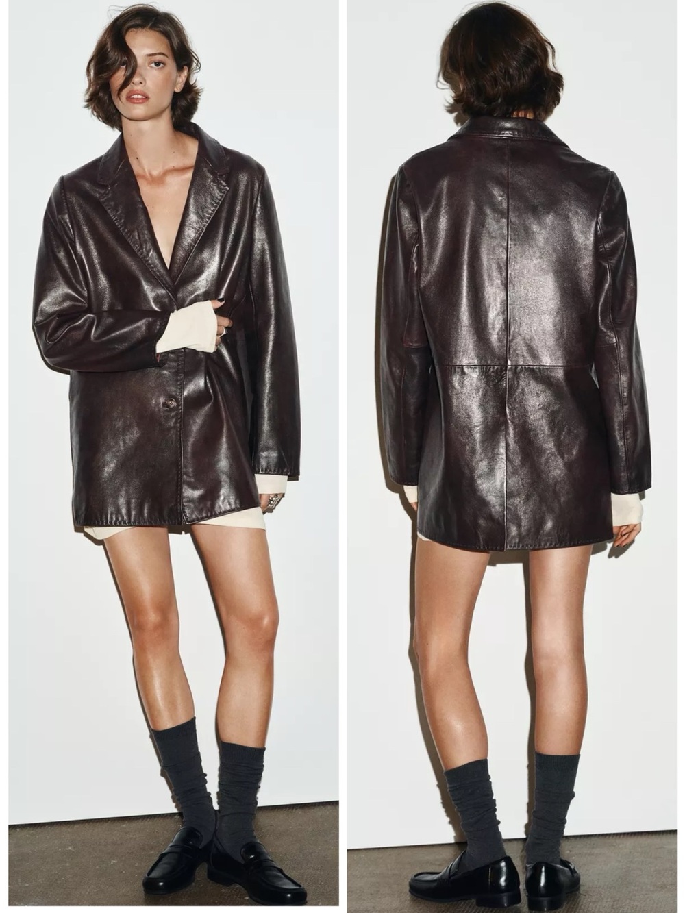 Zara 100% Leather Topstitching Coat Jacket Long Sleeves Button Up Lapel Collar - Picture 3 of 16